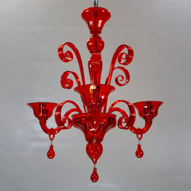 Original Murano glass chandelier orange red color, 3 lights, handmade Made in Italy lighting design 