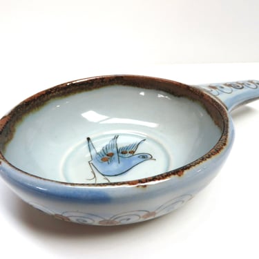 Ken Edwards Tonala Blue Bird Handled Soup Bowl, El Palomar Pottery Dish From Mexico, Vintage Folk Art Pottery 