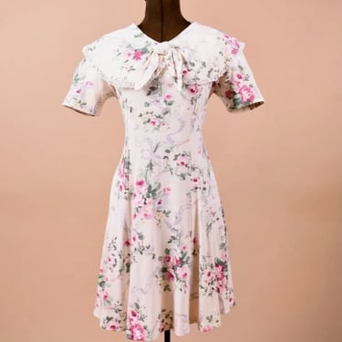 Pink 80s Peter Pan Collar Floral Print Mini Dress, M