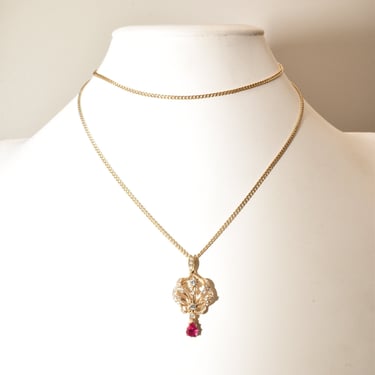 Diamond Cluster Ruby Lavaliere Pendant Necklace In 14K Yellow Gold, .60 TCW, Estate Jewelry, 27 3/4
