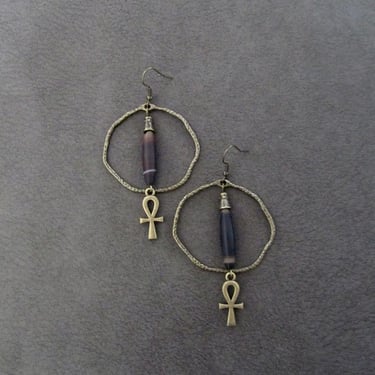 Hoop earrings frosted agate and ankh 