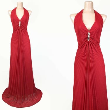 VINTAGE 90s Red Metallic Sunburst Pleated Evening Dress by Aspeed Plus Size 2X Marilyn Style | 1990s Mesh Halter Formal Cocktail Dress | VFG 
