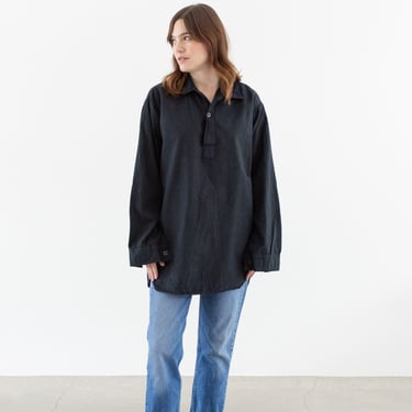 Vintage Black Popover Shirt | Unisex Overdye Swedish Cotton Long sleeve Pullover | M L | 