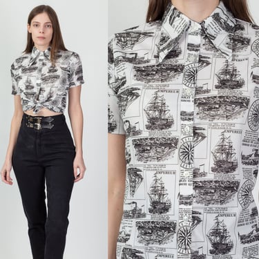 70s French Sailing Ship Novelty Print Blouse - Small | Vintage Boho Black & White Short Sleeve Collared Top 