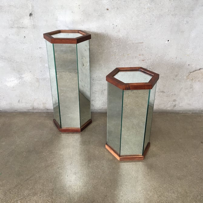 Pair of Vintage Mirrored Pedestal Tables
