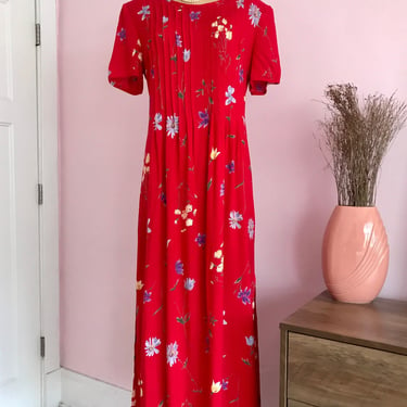 1990's Size 12/14 Red Floral Pleated Midi Dress 