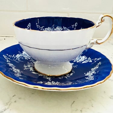 Aynsley English Bone China 1773 Cobalt Blue White Gold Floral Teacup and Saucer by LeChalet