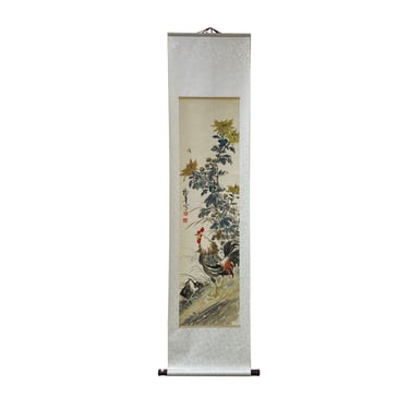 Chinese Color Ink Rooster Flowers Scroll Painting Wall Art ws1974E 