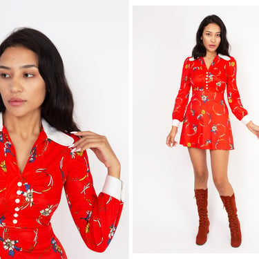 Vintage 1960s 60s Red Psychedelic Floral Long Sleeve Babydoll Mini Dress w/ Dog Ear Collar and Balloon Sleeves 