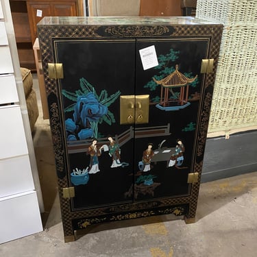 Vintage Wooden Chinoiserie Black Hand Painted Cabinet