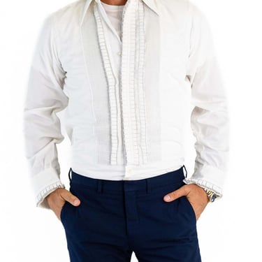 1970S White Formal Wear Tuxedo Shirt With Textured Ruffles 