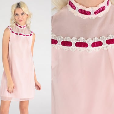 Chiffon Party Dress 60s Mini Dress Baby Pink Mod Mini Illusion Neckline Cocktail 1960s Twiggy Gogo Lace Vintage Sleeveless Extra Small xs 