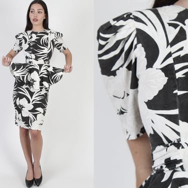 Vintage 80s Tropical Floral Dress, Black White Tailored Peplum Wiggle, Formfitting Tight Pencil Fit 