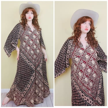 1970s Vintage Cream and Maroon Block Print Angel Sleeve Dress  / 70s Indian Cotton Floral Caftan Maxi Gown / One Size 