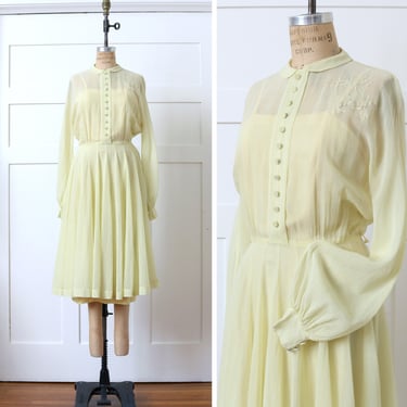 vintage 1940s light yellow dress • Helen of California sheer cotton voile • dramatic sleeve dress with rayon slip 