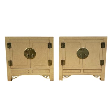 Set of 2 Chinoiserie Nightstands by White Furniture in Tan - Vintage Asian Style Hollywood Regency End Tables 