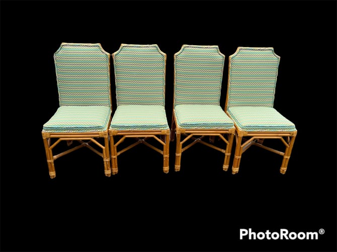Great set of four vintage rattan / bamboo dining chairs with all new upholstery 