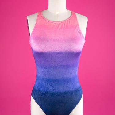 Vintage 80s Jantzen Pink Purple Blue Ombré Cut-Out Back One-Piece Swimsuit 