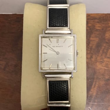 1960s Paul Breguette Unique Stainless Steel and Leather Speidel Stretch Band, 10K White Gold Filled 