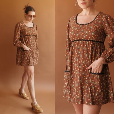 Vintage 70s Floral Babydoll Dress with Pockets/ 1970s Brown Mini Dress/ Size Small 