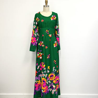 Vintage Floral Maxi Dress | 60s Long Sleeved Empire Waist Long Dress in Emerald Green | Size Small 