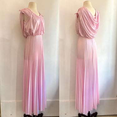 Fabulous Vintage 70s 80s GODDESS Gown Dress / Ruched Shoulders + Draped Back + Accordion Pleat Skirt / 