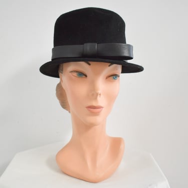 1960s Mod Black Wool Felt Hat with Vinyl Bow 