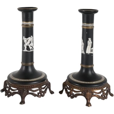 1860's Antique Pair of Large English Prattware Black, White and Gold Earthenware Pottery Old Greek Candlesticks Neo Classical Metal Base 