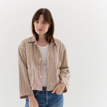 Vintage Cream Brown Yellow Flannel Striped Crop Shirt Jacket | Unisex Stripe Cotton Pajama Chore | L | SCJ007 