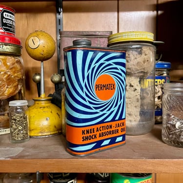 Permatex Vintage Shock Oil Can Blue Orange Swirl Graphic Vintage Mid-Century Garage Factory Display Store Prop Industrial Relic 