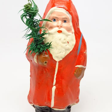 Antique German Belsnickle Santa with Goose Feather Tree,  Vintage Christmas Candy Container 