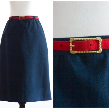 1970s blue suede skirt with red belt from Nat Kaplan 