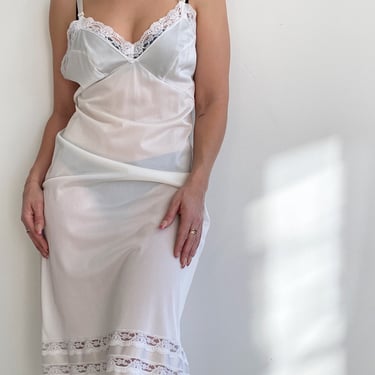 White Sheer Slip Dress With Lace Trim and Triple Lace Hem