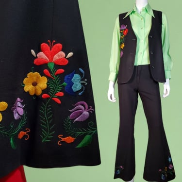 1960s flower power suit RARE SIZE Volup embroidered floral 2 piece vintage set vest & hip hugger bell bottoms (L) 