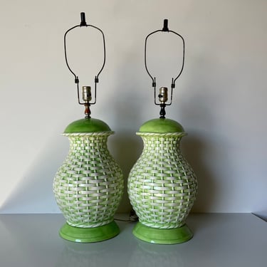 Hollywood Regency Style Woven Jar Pattern Ceramic Table Lamps - a Pair 