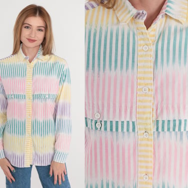 Striped Shirt 90s Button Up Blouse White Pink Yellow Blue Green Purple Long Sleeve Top Pastel Western Cotton 1990s Vintage Roper Medium M 