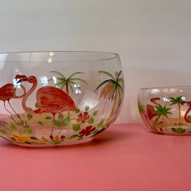 Vintage 90s Flamingo + Palm Tree Glass Serving Bowl Chip + Dip Set 