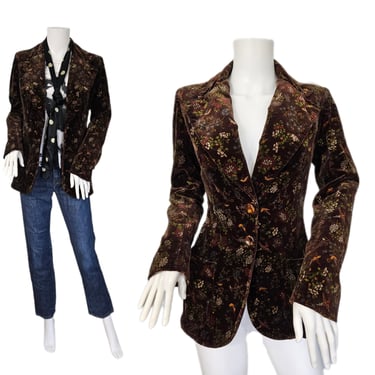 Intuitions 1970's Brown Velvet Floral Print Blazer I Suit Coat Jacket I Sz Med I Kathy Manning 