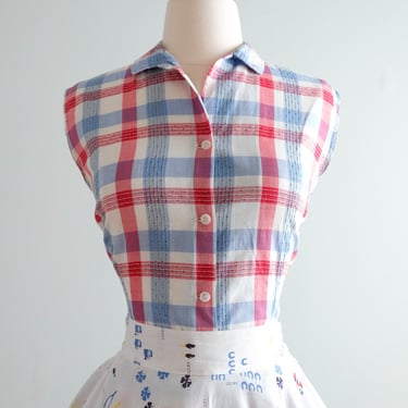 Delightful 1950's Red, White, & Blue Plaid Cotton Sleeveless Top / Sz S/M