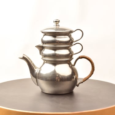 Queen Art Pewter Brooklyn Stacked Teapot Set #161, Single Service Teapot Creamer Sugar Bowl, Reed Handle, 6.6