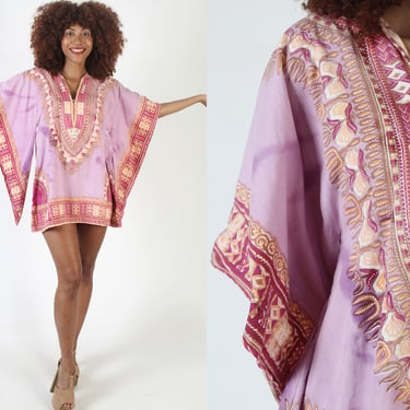 Purple Angel Kimono Sleeve Dashiki / Vintage 70s Ethnic African Tribal Sundress / Tie Dye Cotton Mini Dress 