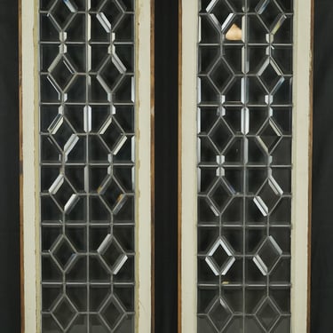 Pair of Reclaimed Beveled Leaded Glass Wood Framed Windows