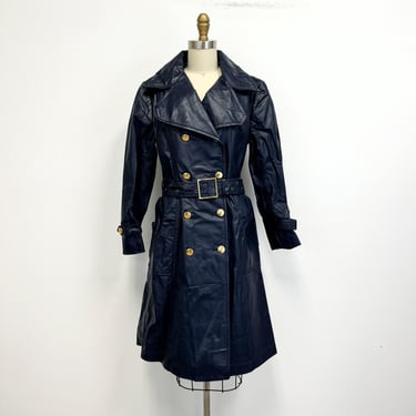 Vintage Leather Trench Coat | 60s-70s Navy Blue Double Breasted Belted Coat | Size Small to Medium 