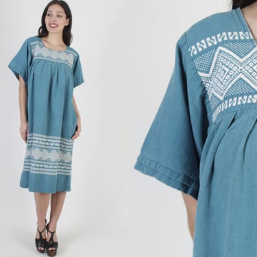 Traditional Aztec Embroidered Guatemalan Tent Dress With Pockets 