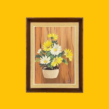 Vintage Flower Painting 1960s Retro Size 17x13 Mid Century Modern + Daisies + White + Yellow + Acrylic + Wood Board + D. Moore + Wall Decor 