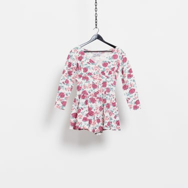 VINTAGE FLORAL ROMPER Cotton Long Sleeve Shorts Roses Pink Onesie Jumper Playsuit Spring Summer 90's / Small 