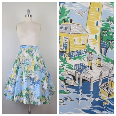 Vintage 1950s novelty print skirt, cotton, circle, fit and flare 