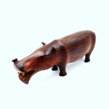 Solid Hand Carved Rosewood African Hippo Sculpture with Bone Teeth