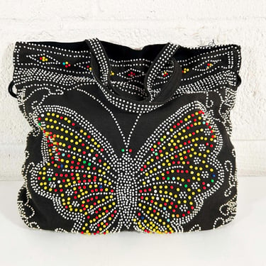 Vintage Beaded Handbag Rainbow Bead Purse Slouchy Black Colorful Butterfly Floral Hippie Tote Bag Hong Kong Hippie Boho 1970s 70s 