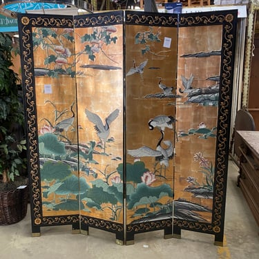 Four Panel Gold Leaf and Black Lacquered Ornate Folding Screen